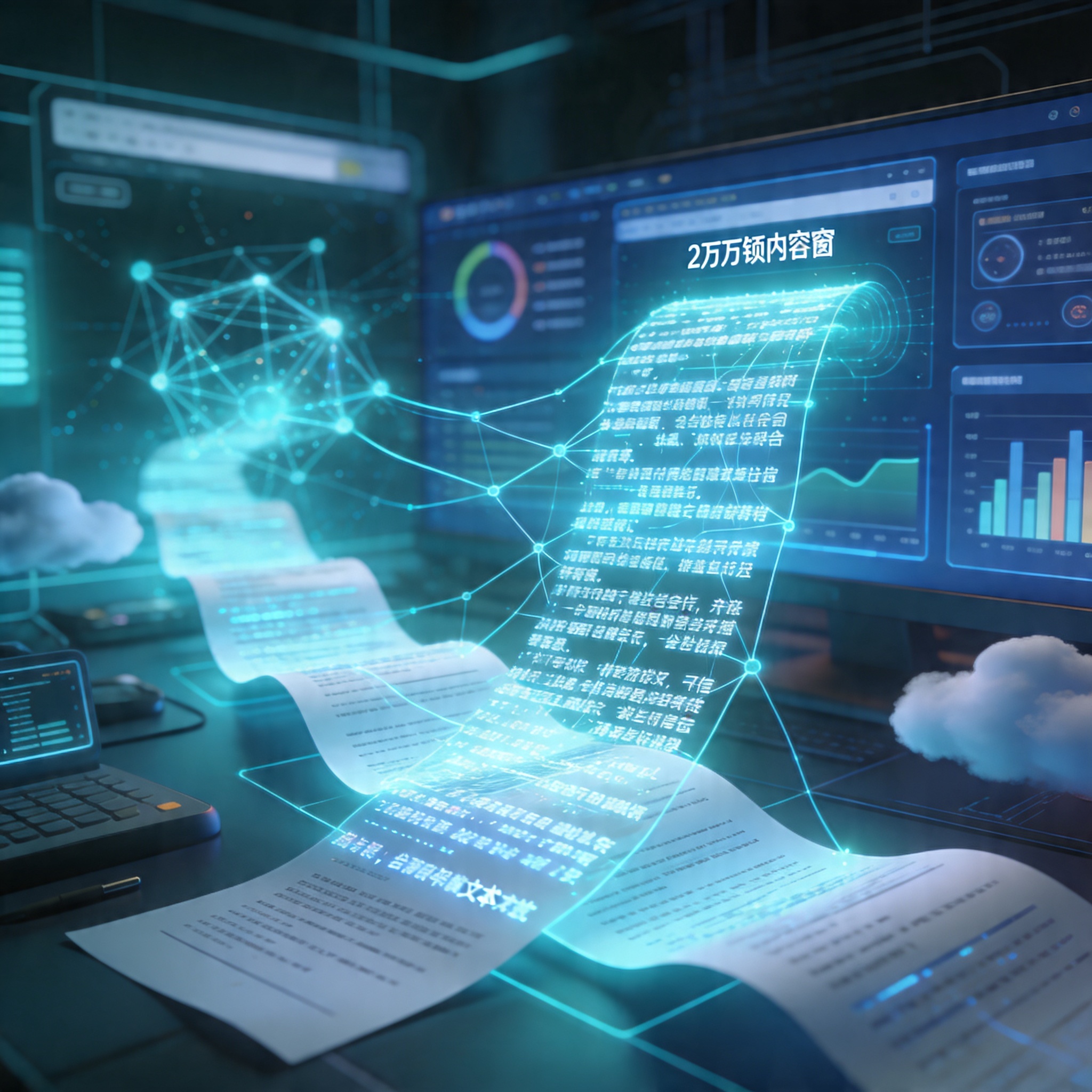 抽象展示Kimi长文本处理能力的科技感可视化图表，表现200万字上下文的流动数据