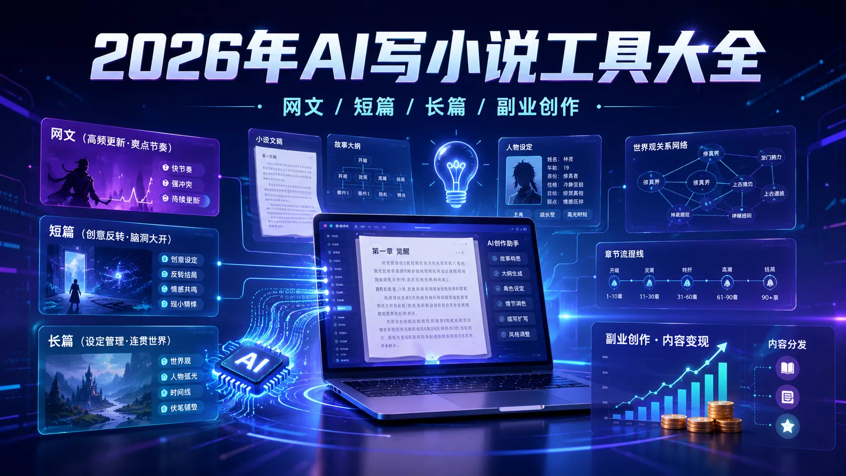 2026最新AI写小说工具大全：12款网文、短篇、长篇软件对比与副业赚钱指南